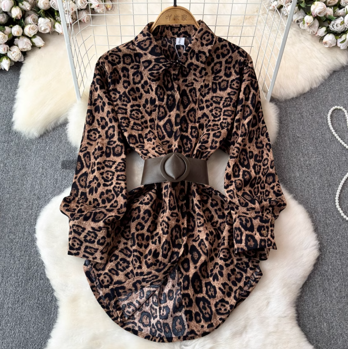 Chic Leopard Printed Shirt with Belt