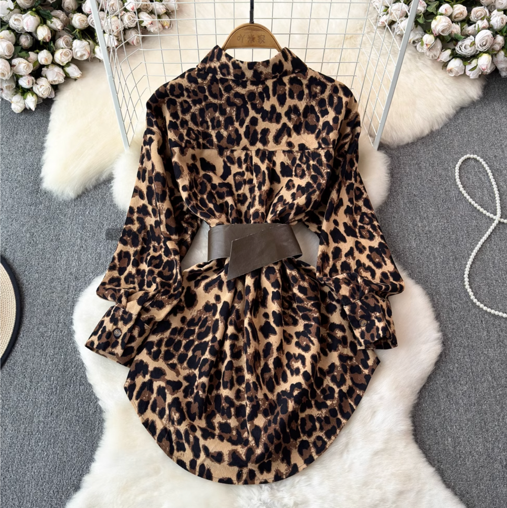 Chic Leopard Printed Shirt with Belt