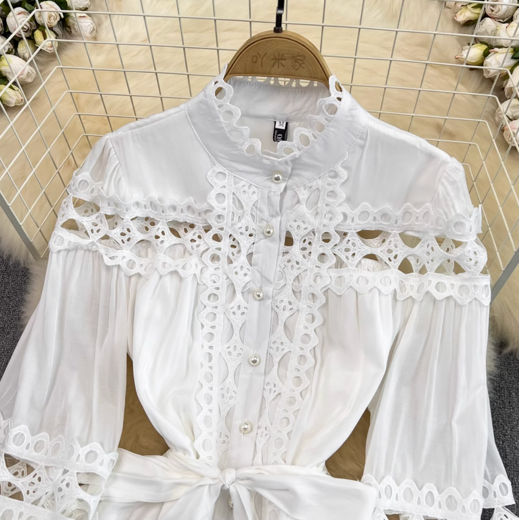 Courtly White Lace Patchwork Dress