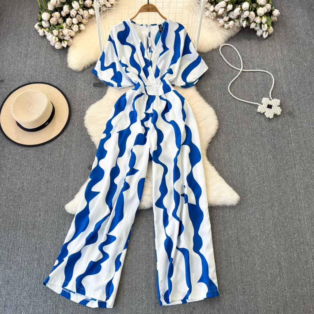 V-neck Color Blocking Slim-fit Jumpsuits