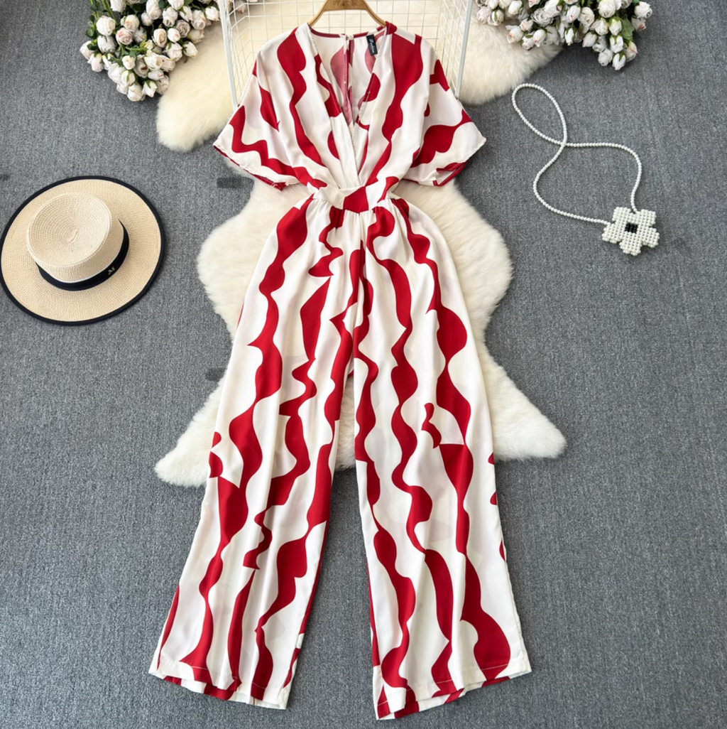 V-neck Color Blocking Slim-fit Jumpsuits