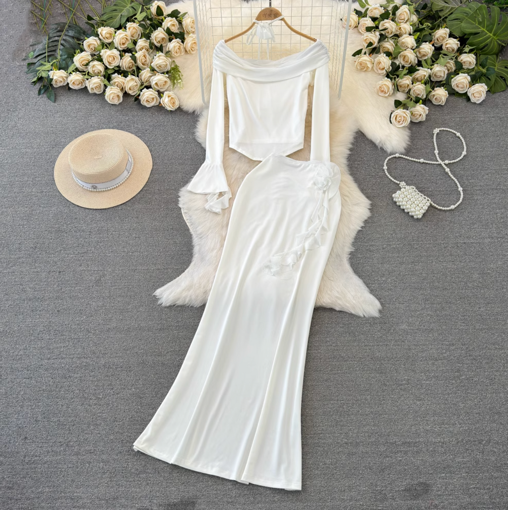 Off-shoulder Top & Hip-wrapping Skirt 2Pcs