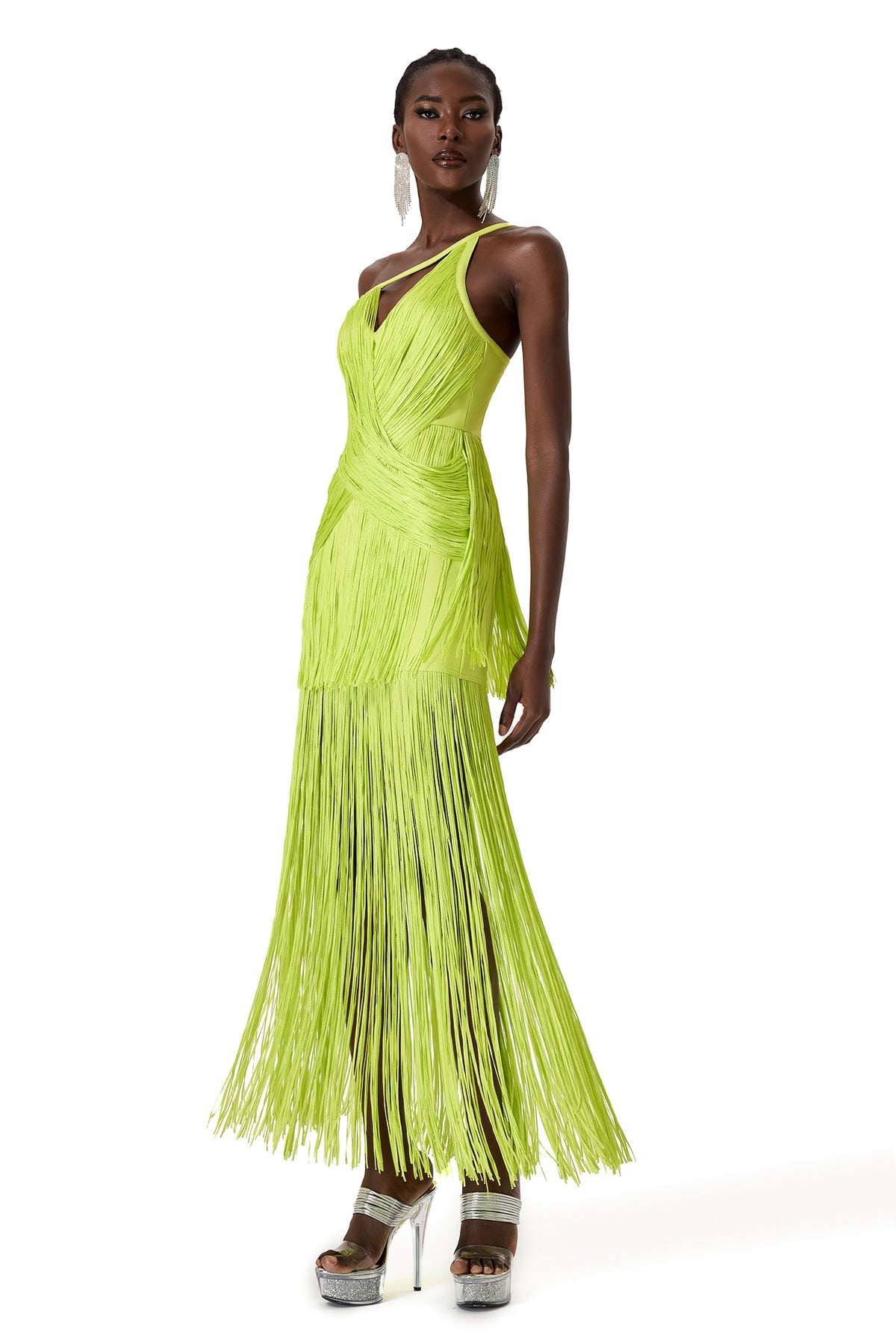 Solid One Shoulder Asymmetrical Tassel Midi Dress