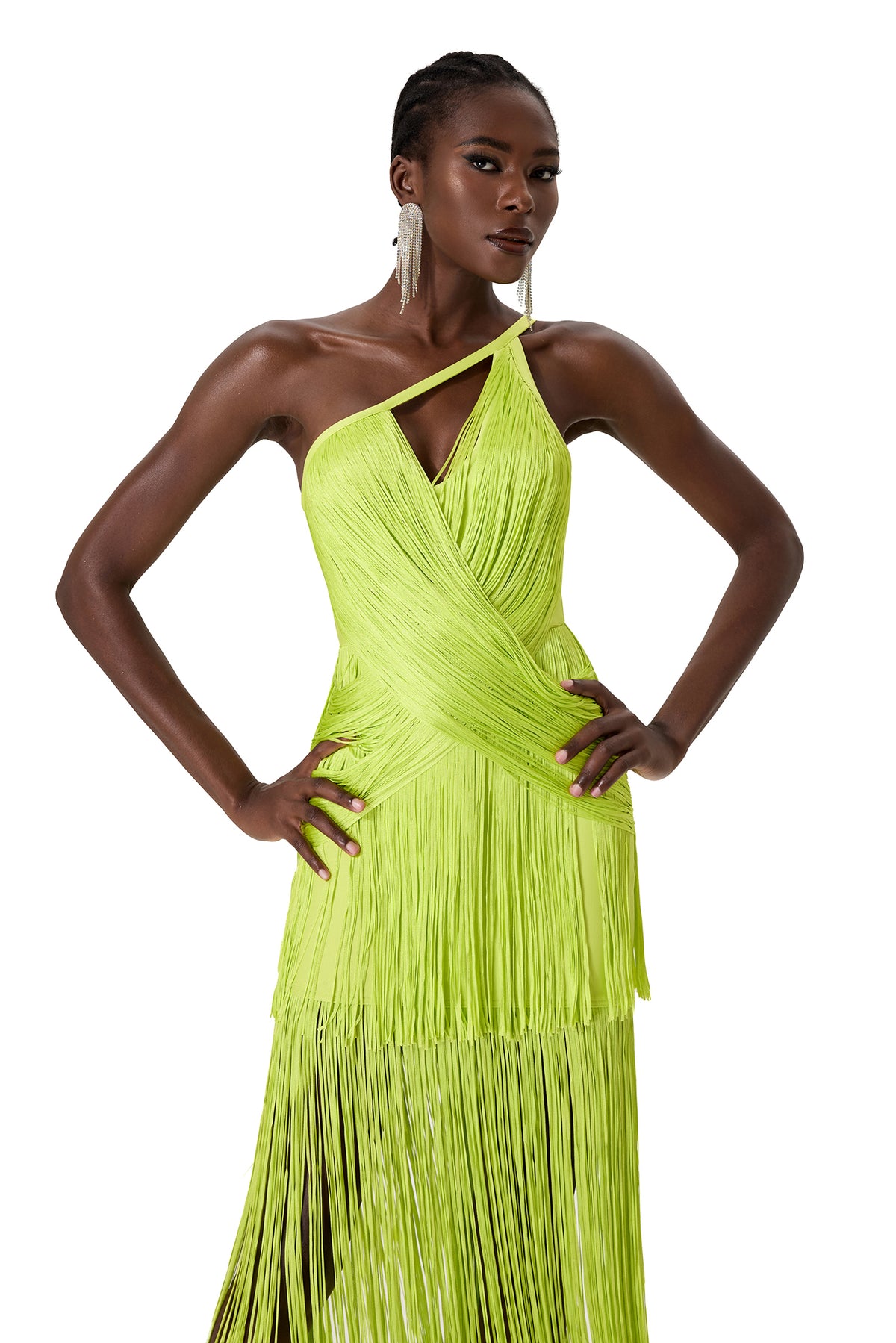 Solid One Shoulder Asymmetrical Tassel Midi Dress