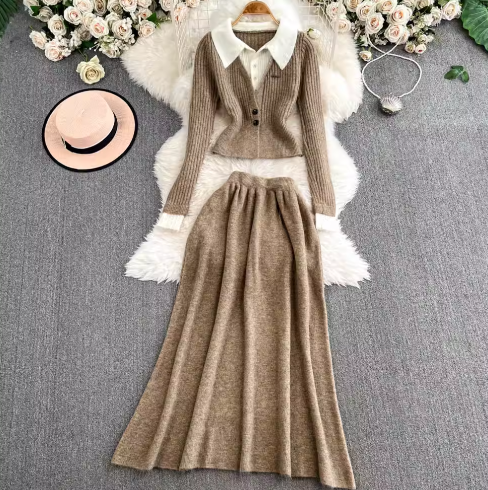 Faux Two-pieces Cardigan & Skirt 2Pcs