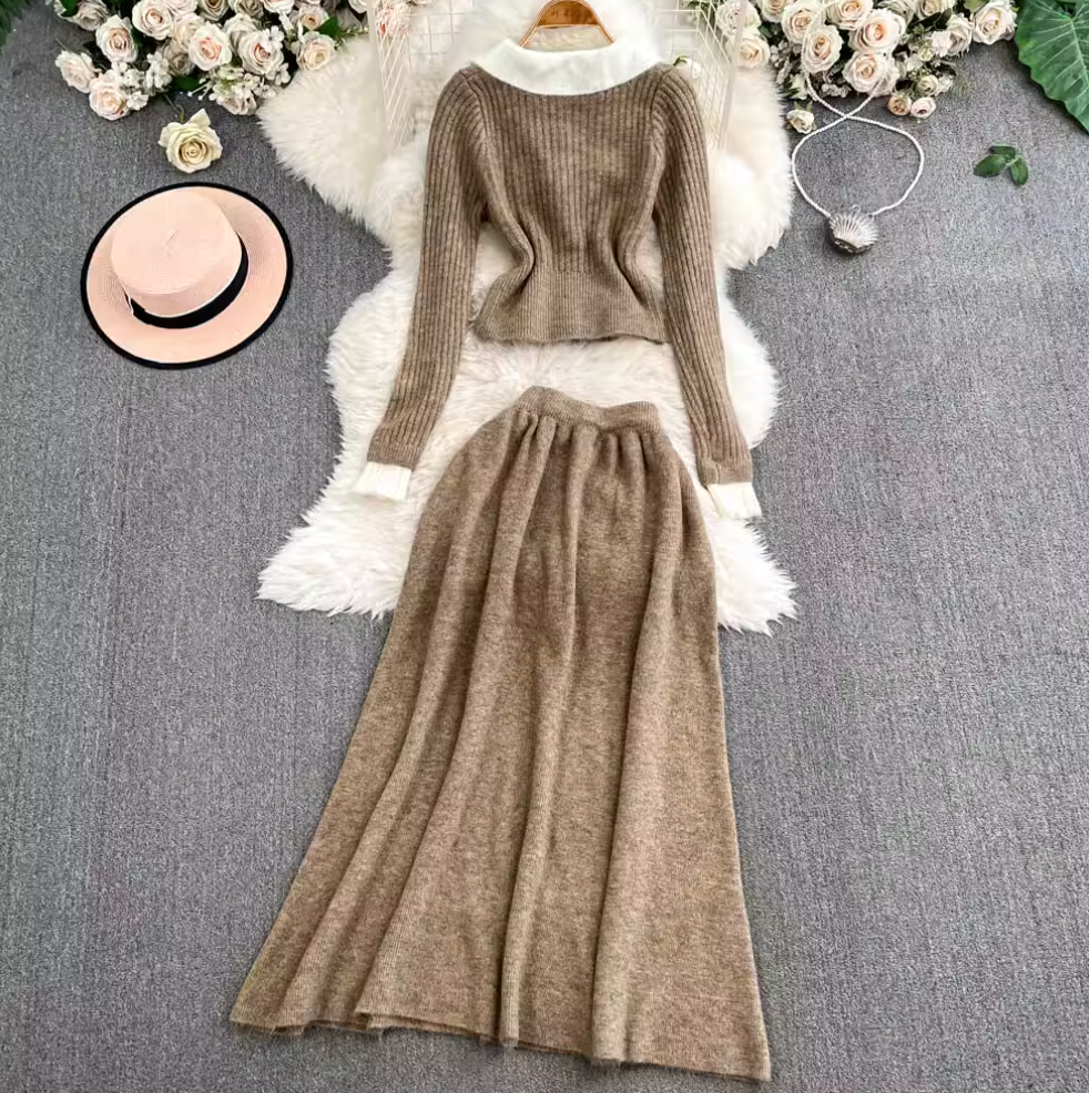 Faux Two-pieces Cardigan & Skirt 2Pcs