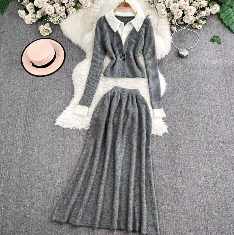 Faux Two-pieces Cardigan & Skirt 2Pcs