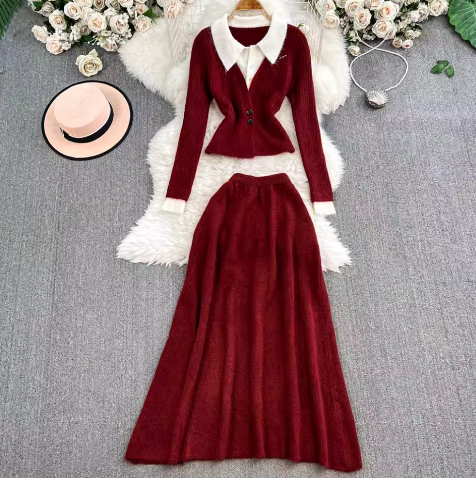 Faux Two-pieces Cardigan & Skirt 2Pcs