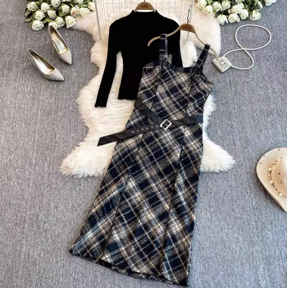 Plaid Slip Dress & Black Sweater 2Pcs