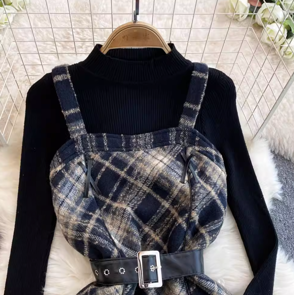 Plaid Slip Dress & Black Sweater 2Pcs