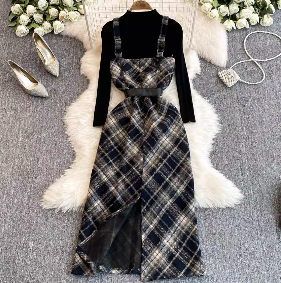 Plaid Slip Dress & Black Sweater 2Pcs