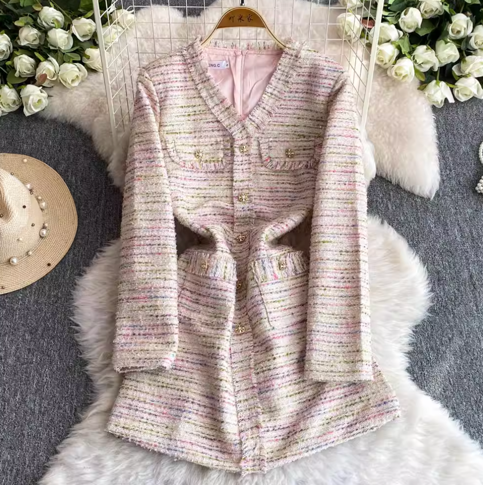 Elegant V-neck Pink Tweed Dress