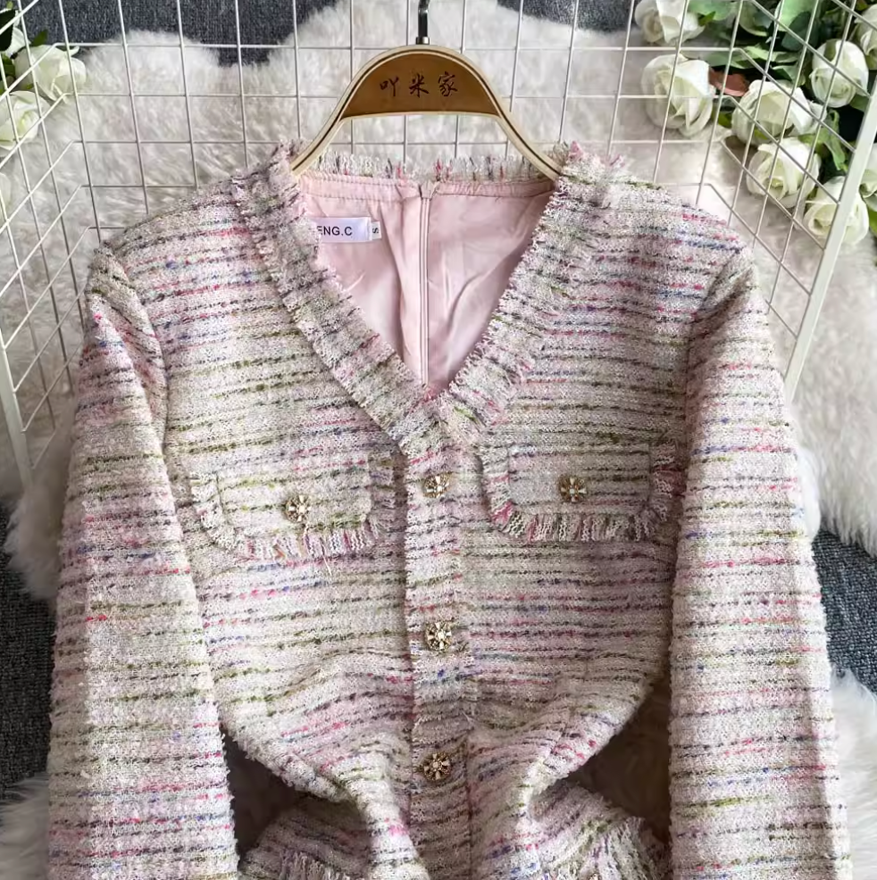 Elegant V-neck Pink Tweed Dress