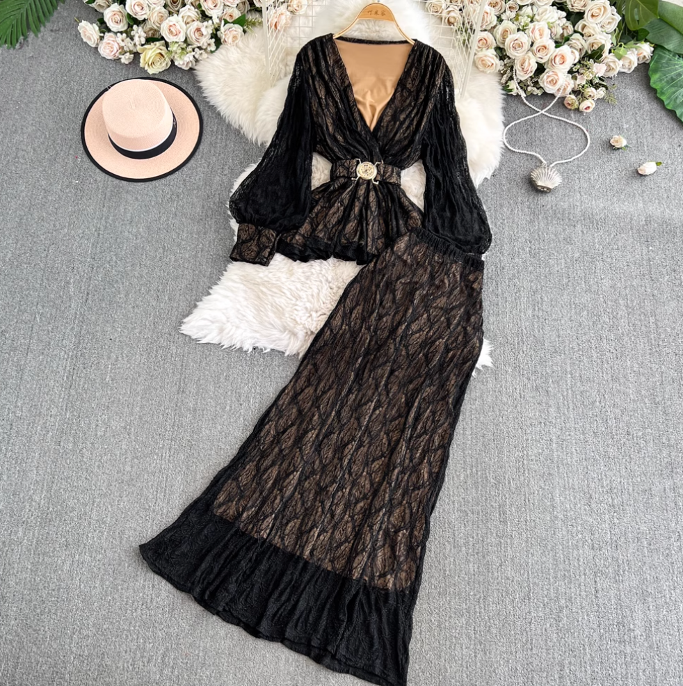 V-neck Top & Half-body Skirt Lace 2Pcs