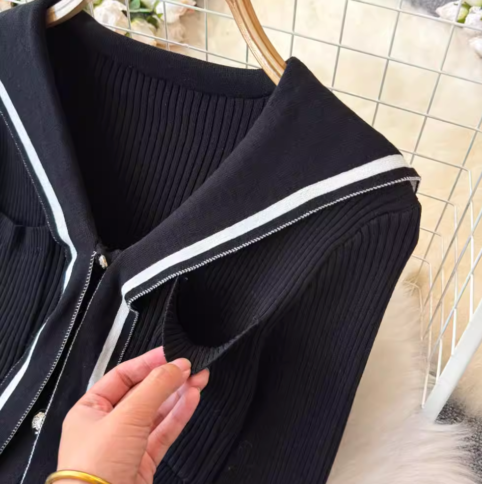 Navy Collar Knitwear & Straight Skirt 2Pcs