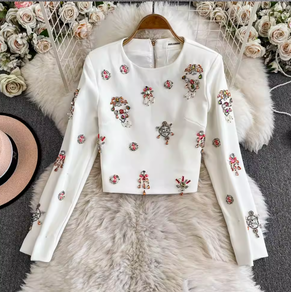 Rhinestone Beaded Blazer & Skirt 2Pcs