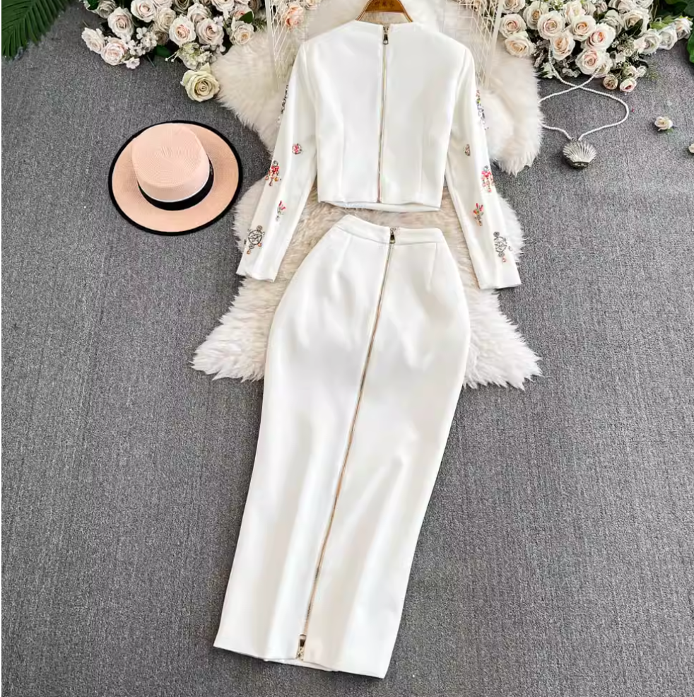 Rhinestone Beaded Blazer & Skirt 2Pcs
