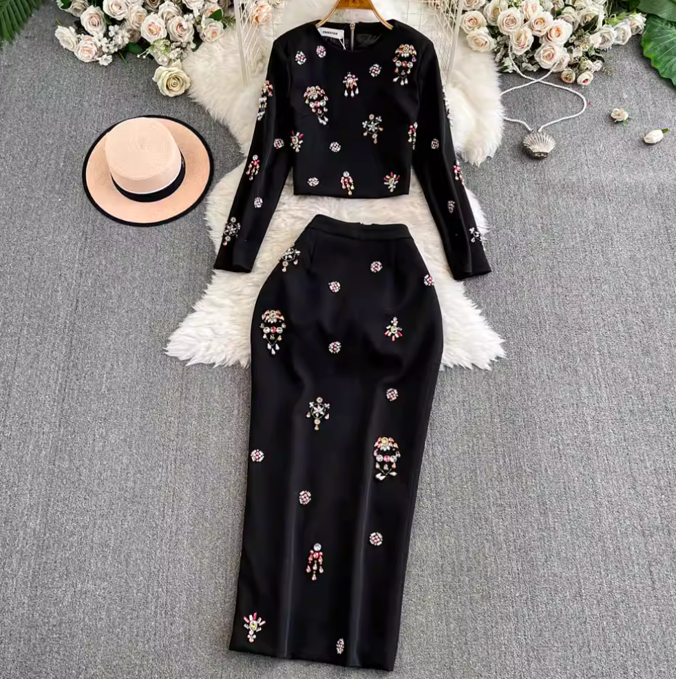 Rhinestone Beaded Blazer & Skirt 2Pcs