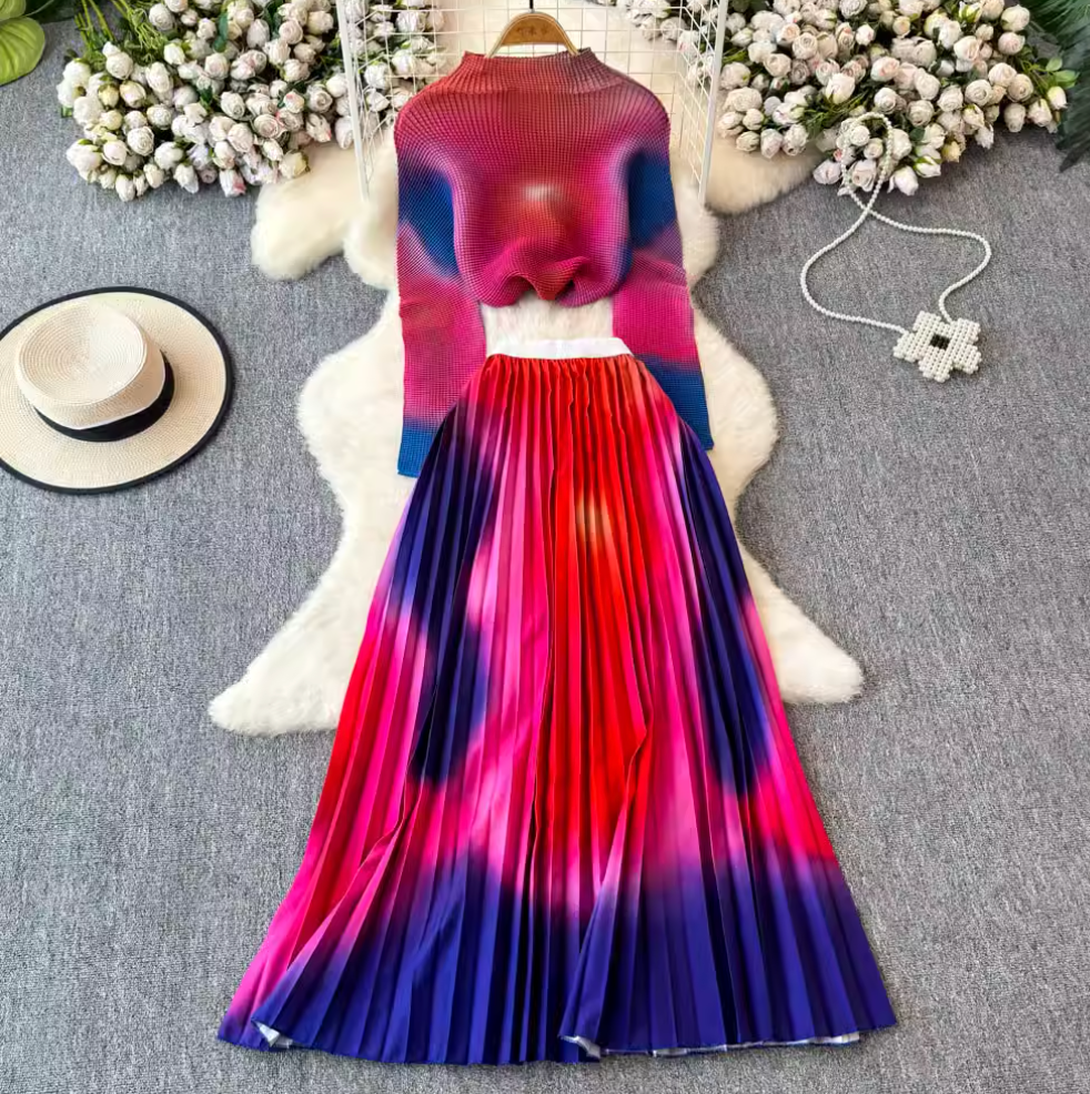 Turtleneck Top & Pleated Skirt Printed 2Pcs