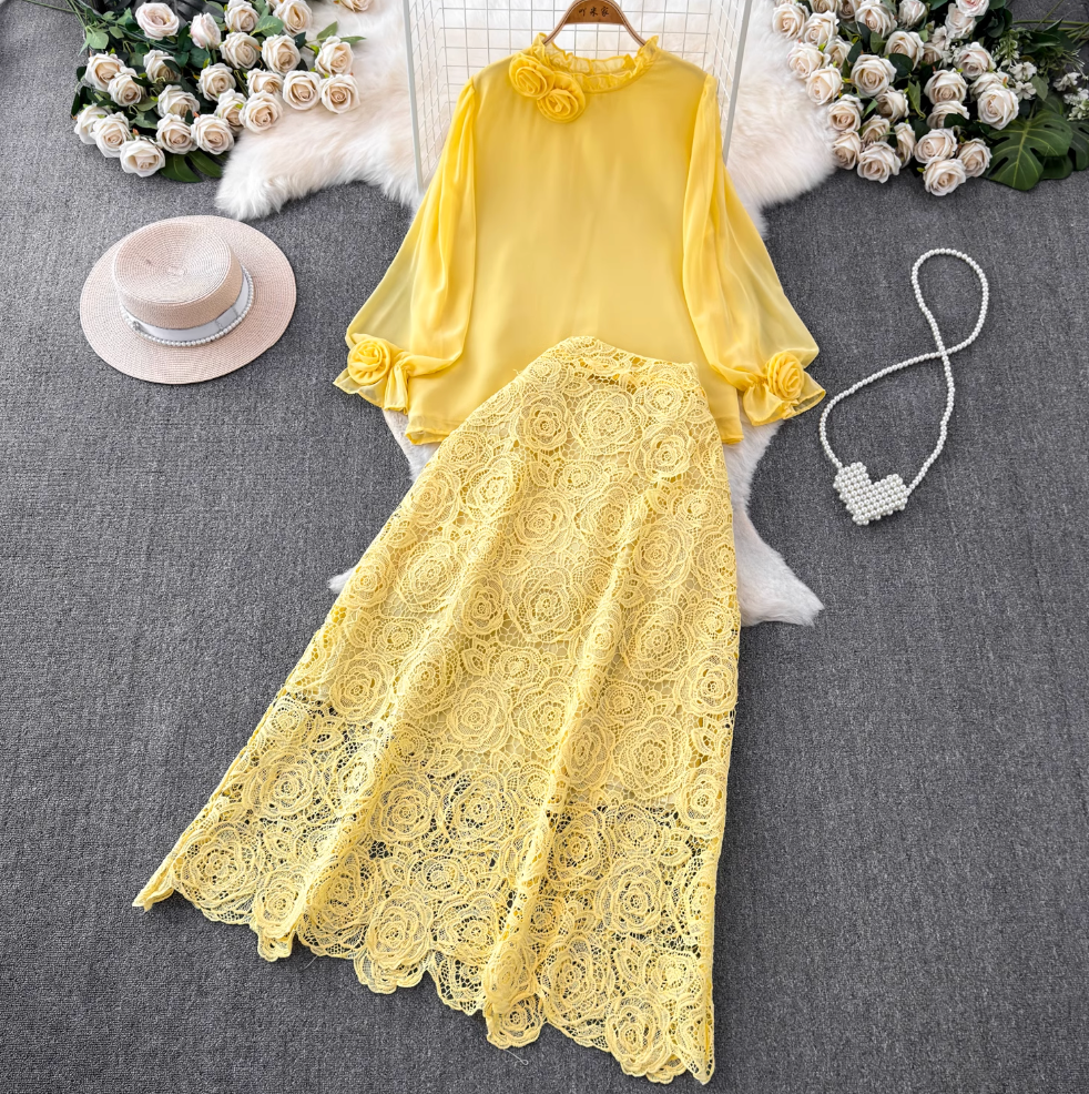 Vintage Chiffon Shirt & Floral Lace Skirt 2Pcs