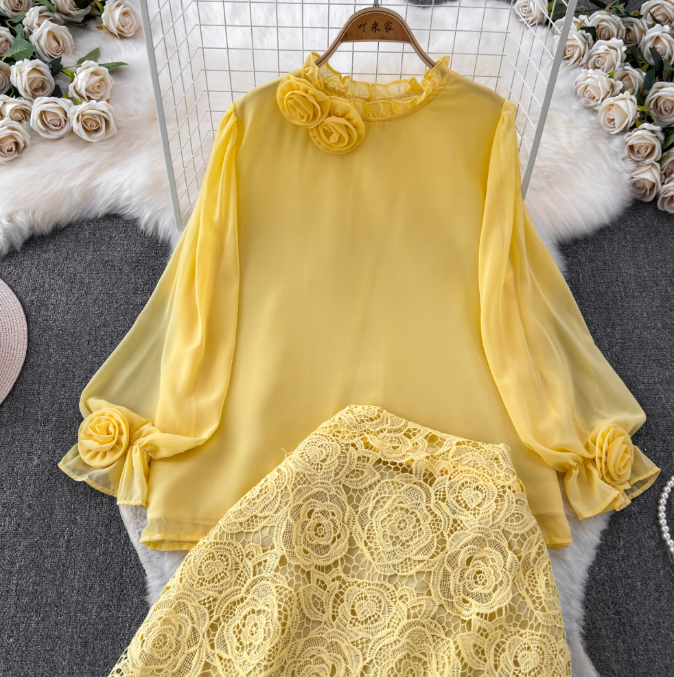 Vintage Chiffon Shirt & Floral Lace Skirt 2Pcs