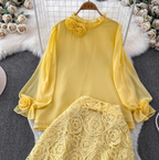 Vintage Chiffon Shirt & Floral Lace Skirt 2Pcs