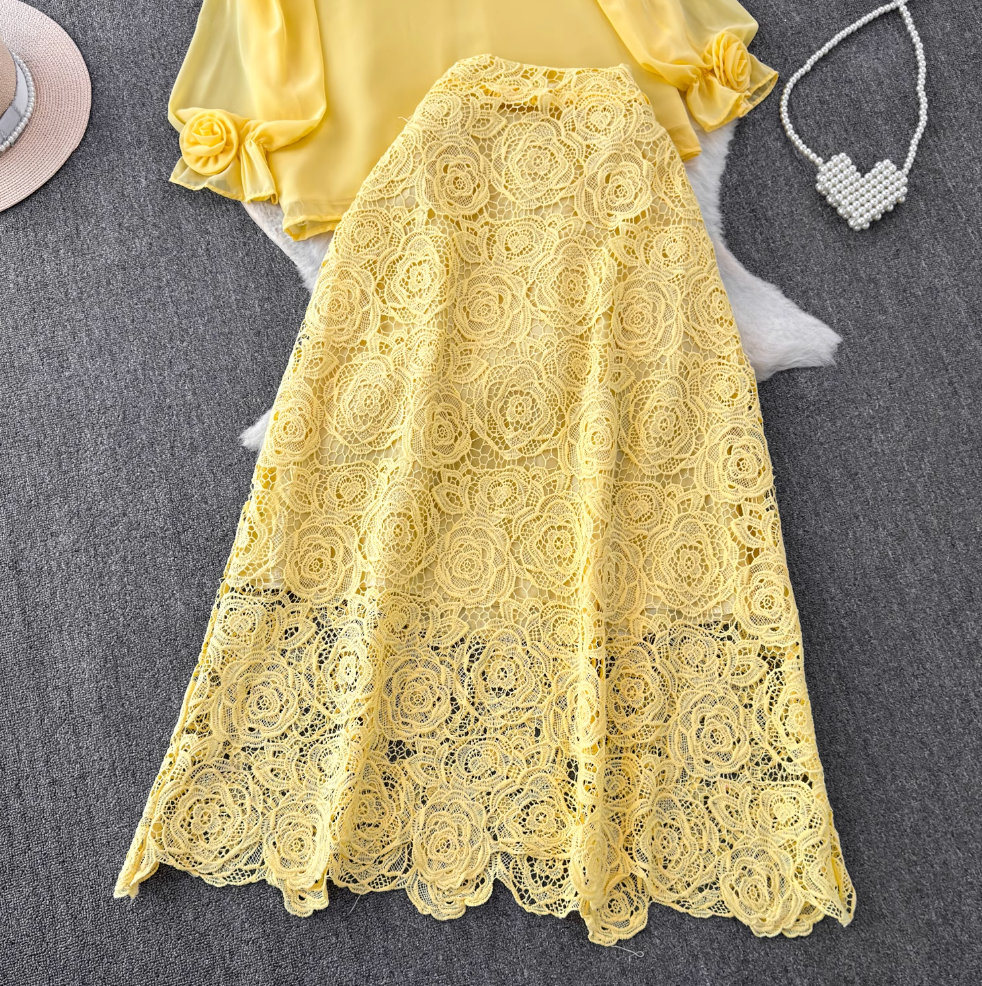 Vintage Chiffon Shirt & Floral Lace Skirt 2Pcs