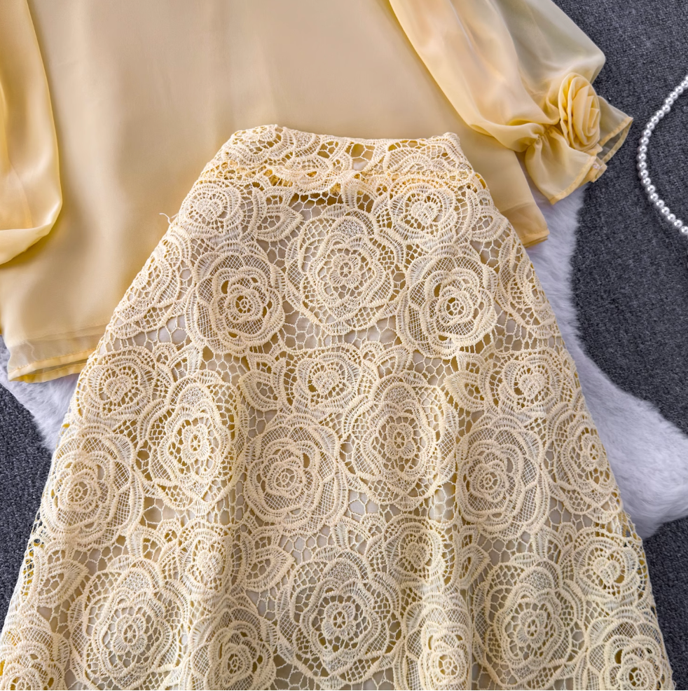 Vintage Chiffon Shirt & Floral Lace Skirt 2Pcs