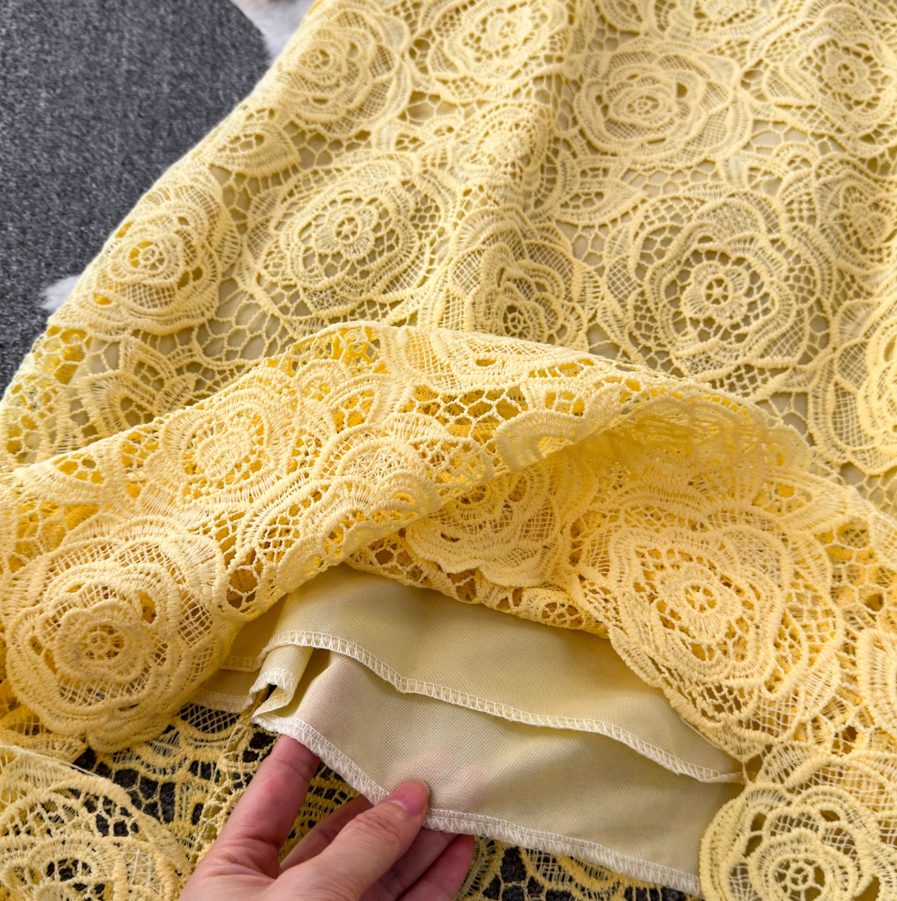 Vintage Chiffon Shirt & Floral Lace Skirt 2Pcs