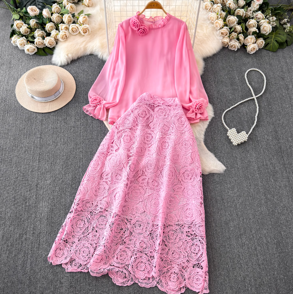Vintage Chiffon Shirt & Floral Lace Skirt 2Pcs