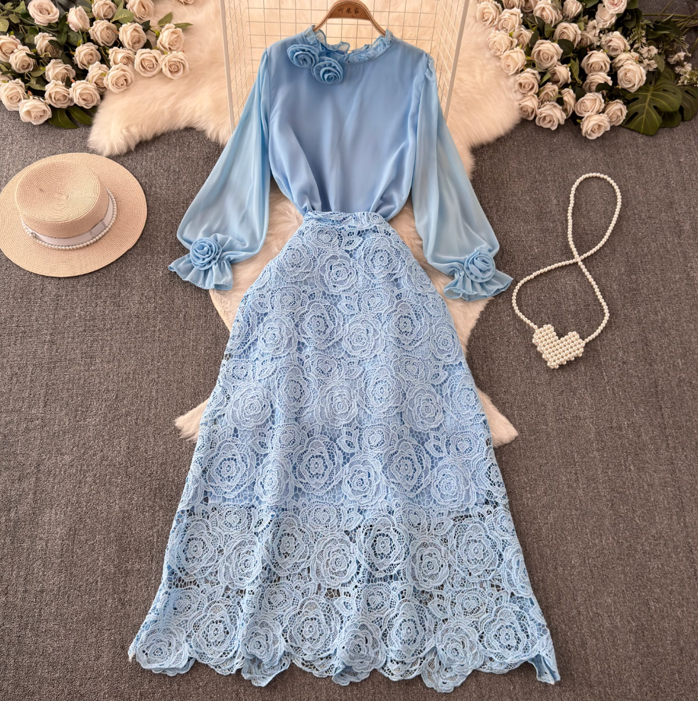 Vintage Chiffon Shirt & Floral Lace Skirt 2Pcs
