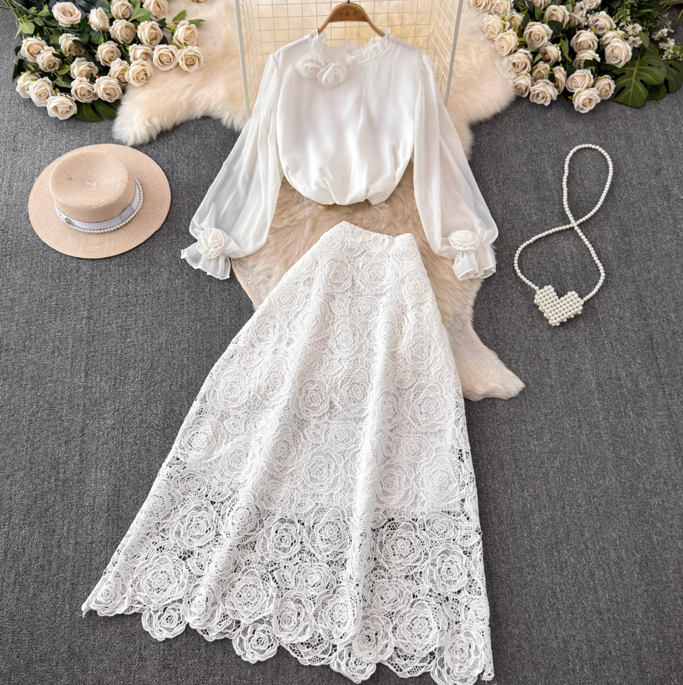 Vintage Chiffon Shirt & Floral Lace Skirt 2Pcs