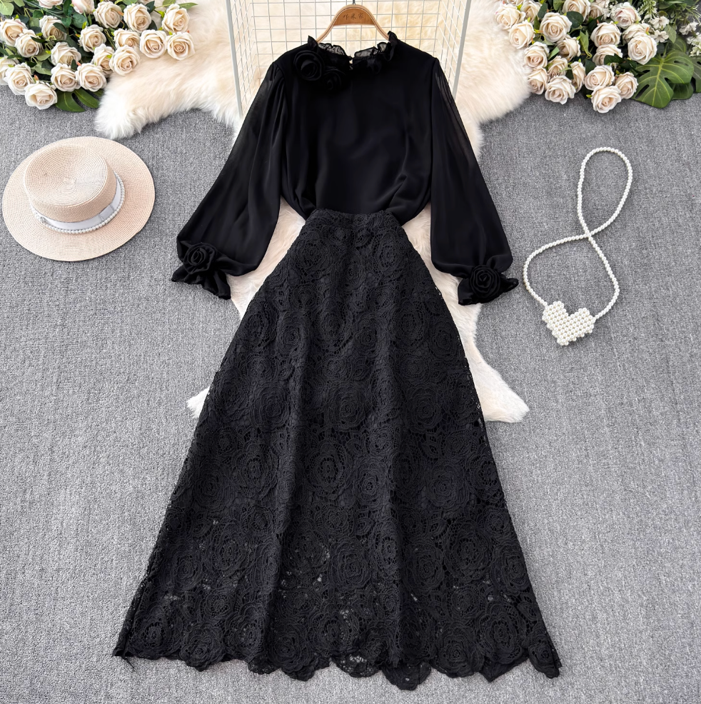 Vintage Chiffon Shirt & Floral Lace Skirt 2Pcs
