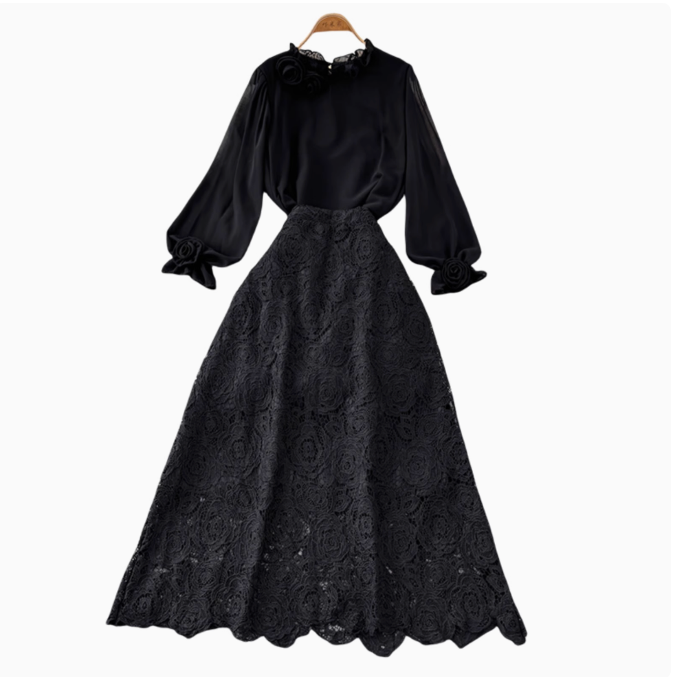 Vintage Chiffon Shirt & Floral Lace Skirt 2Pcs