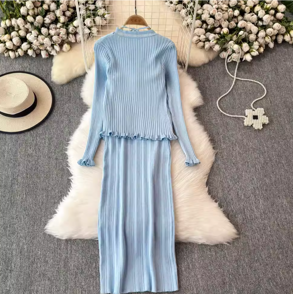 Lace-up Knitted Dress & Cardigan 2Pcs