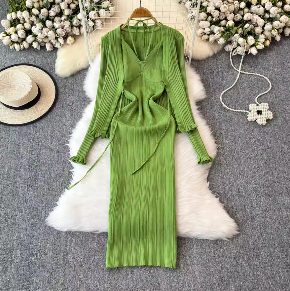 Lace-up Knitted Dress & Cardigan 2Pcs