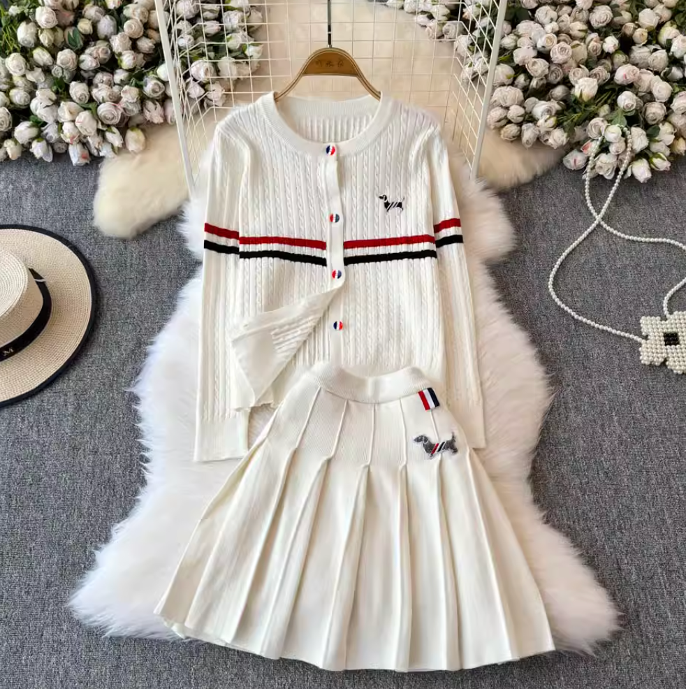 Colorful Buttons Cardigan & Pleated Skirt 2Pcs