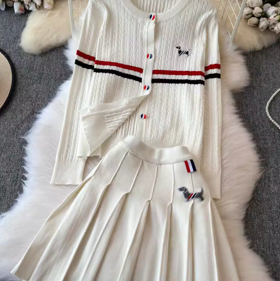 Colorful Buttons Cardigan & Pleated Skirt 2Pcs