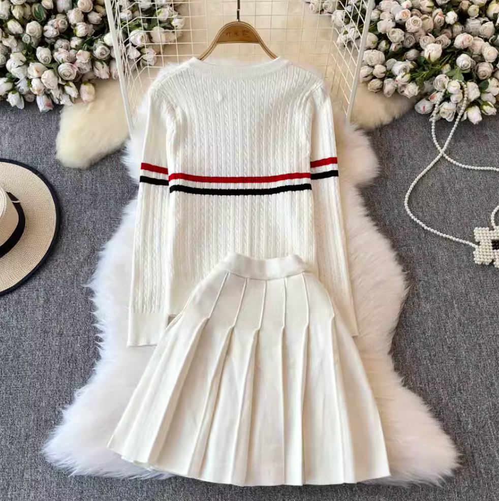 Colorful Buttons Cardigan & Pleated Skirt 2Pcs