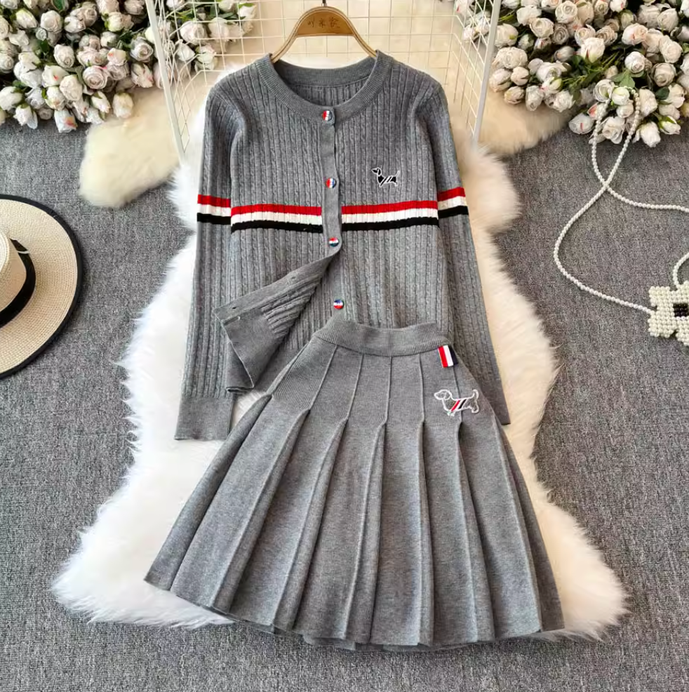 Colorful Buttons Cardigan & Pleated Skirt 2Pcs