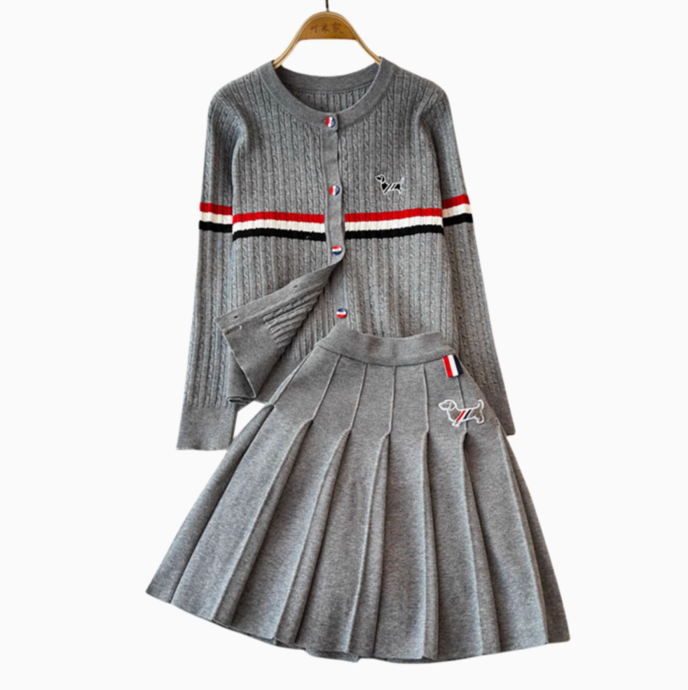 Colorful Buttons Cardigan & Pleated Skirt 2Pcs