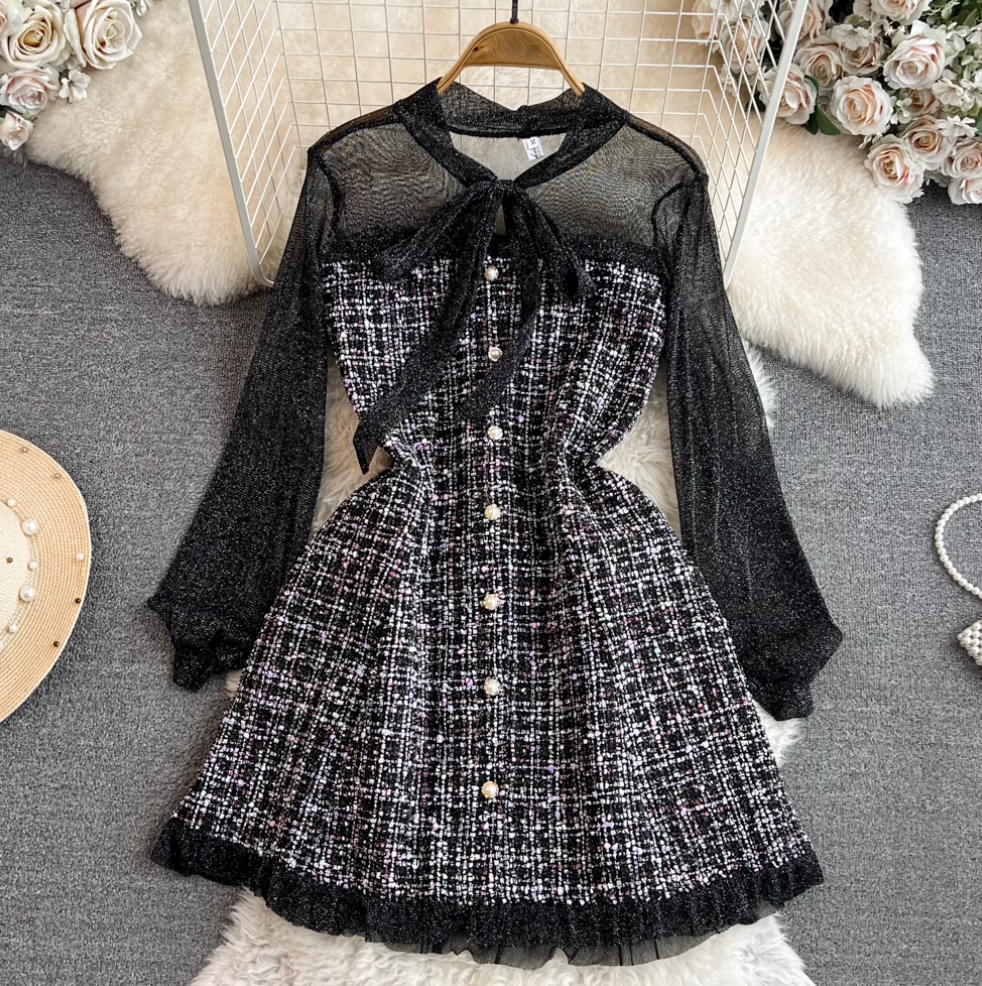 Lace-up Mesh Patchwork Tweed Dress