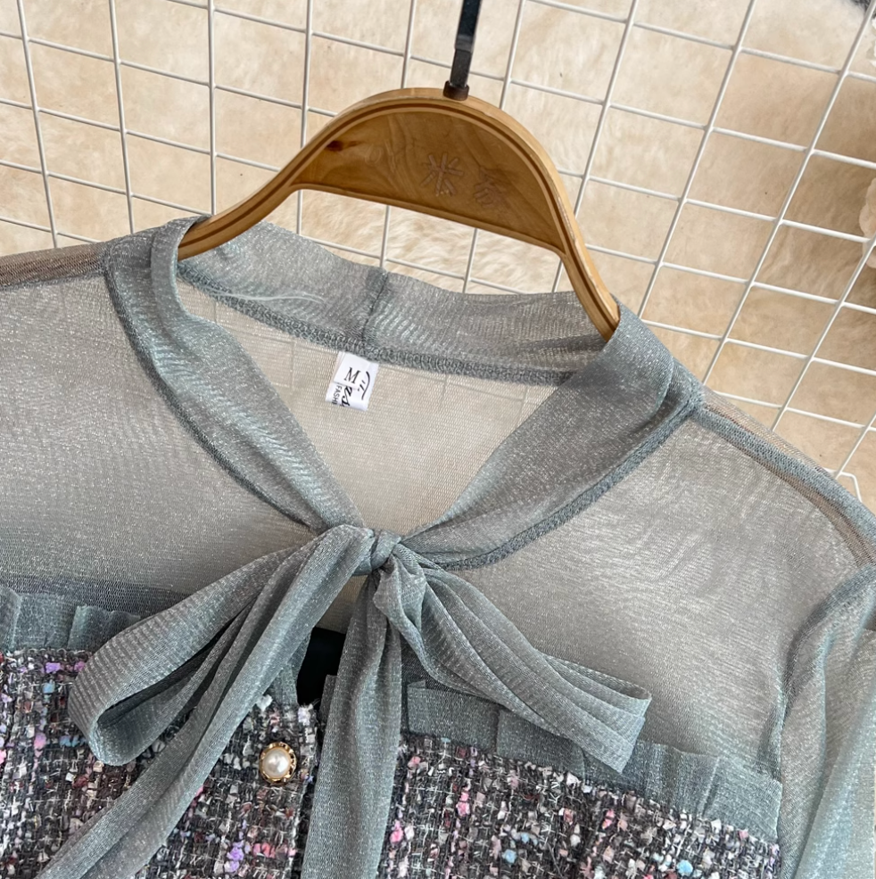 Lace-up Mesh Patchwork Tweed Dress