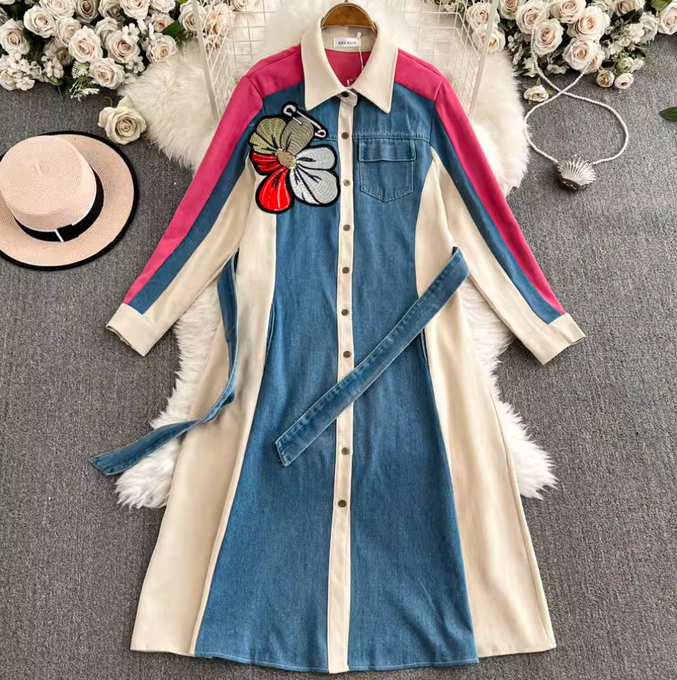 Vintage Color Blocking Denim Patchwork Dress