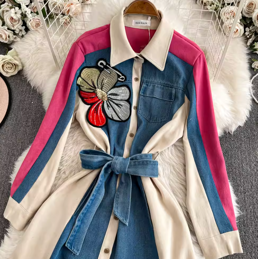 Vintage Color Blocking Denim Patchwork Dress