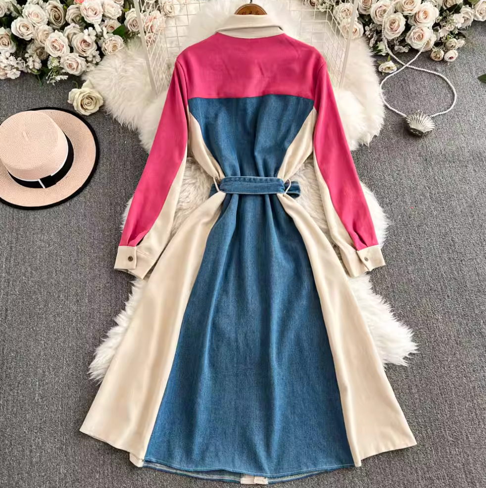 Vintage Color Blocking Denim Patchwork Dress