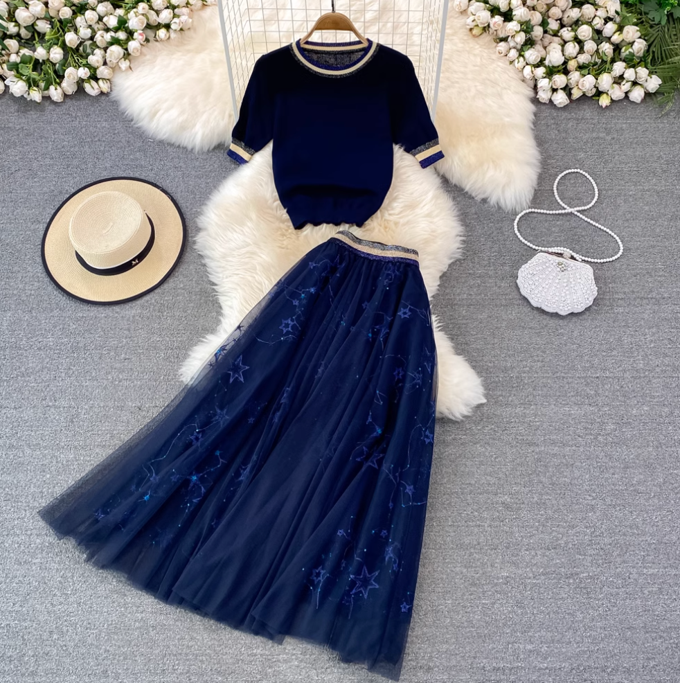 Crew-neck Sweater & Star Sequined Skirt 2Pcs