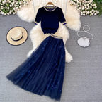 Crew-neck Sweater & Star Sequined Skirt 2Pcs