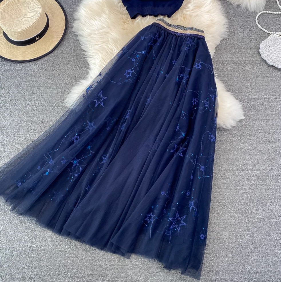 Crew-neck Sweater & Star Sequined Skirt 2Pcs