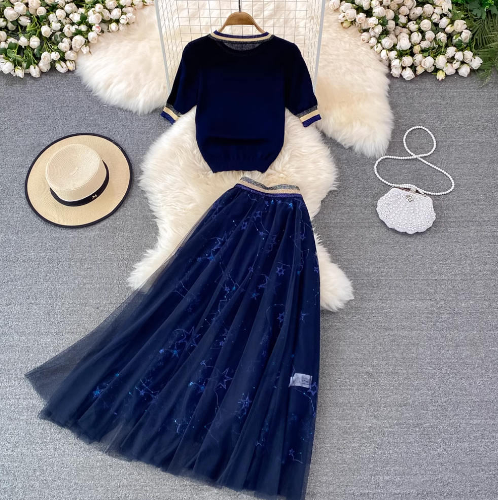 Crew-neck Sweater & Star Sequined Skirt 2Pcs